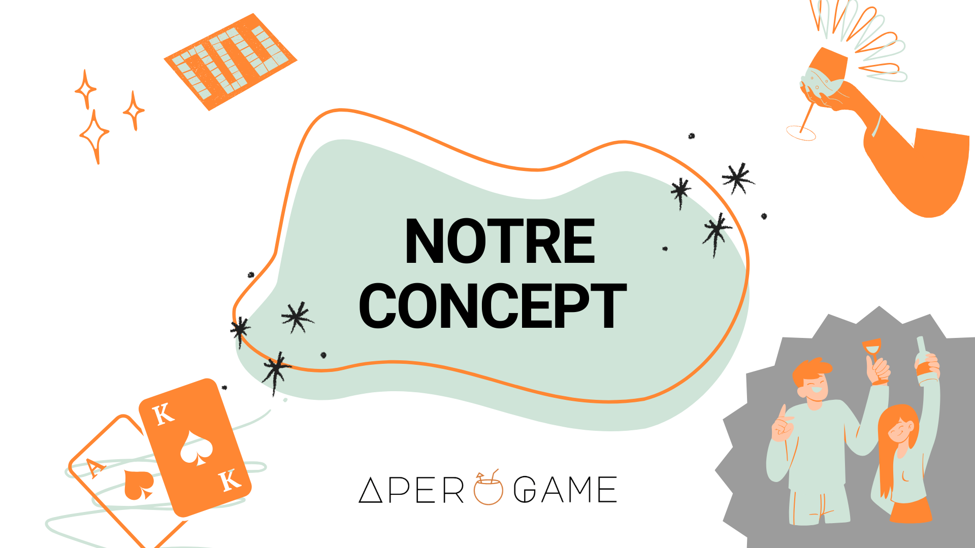 Diapositive de présentation de notre concept, avec plusieurs dessins de personnes prenant l'apéritif et des jeux de société