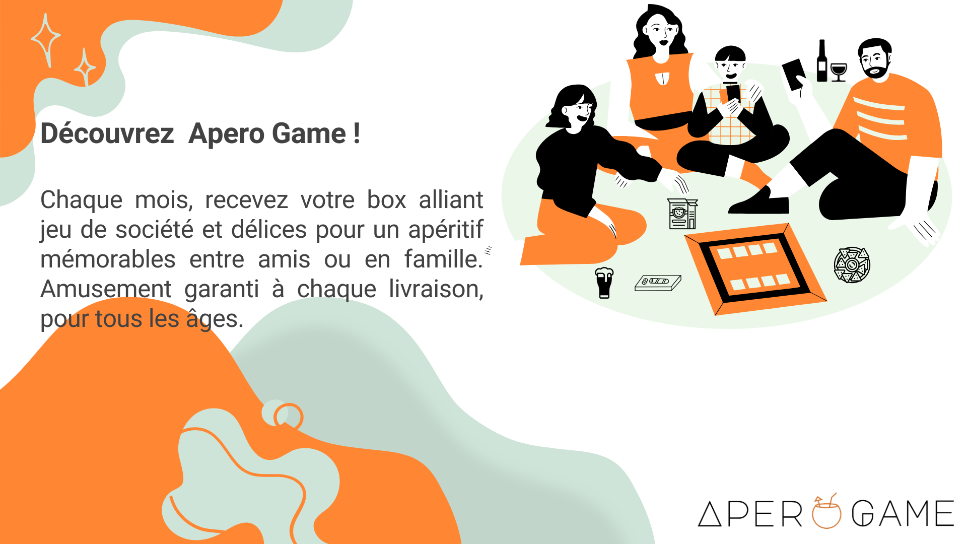 Diapositive de présentation textuel avec un dessin d'une famille jouant au jeux de société entouré de produits apéritif