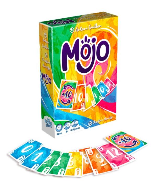 Présentation du jeu de société Mojo avec sa boite et une présentation de ses cartes en éventail